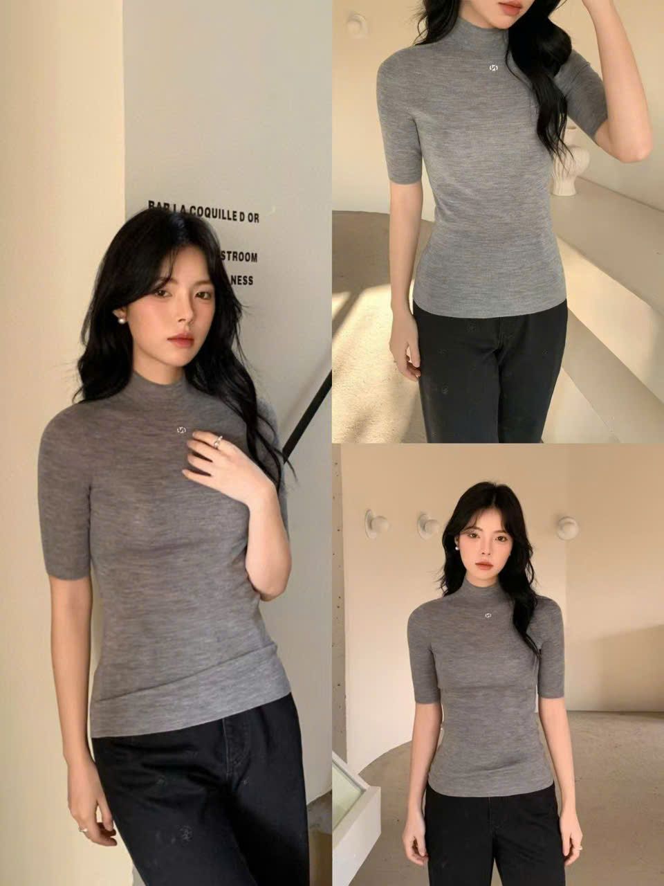 Áo cổ lọ xám - ngắn tay