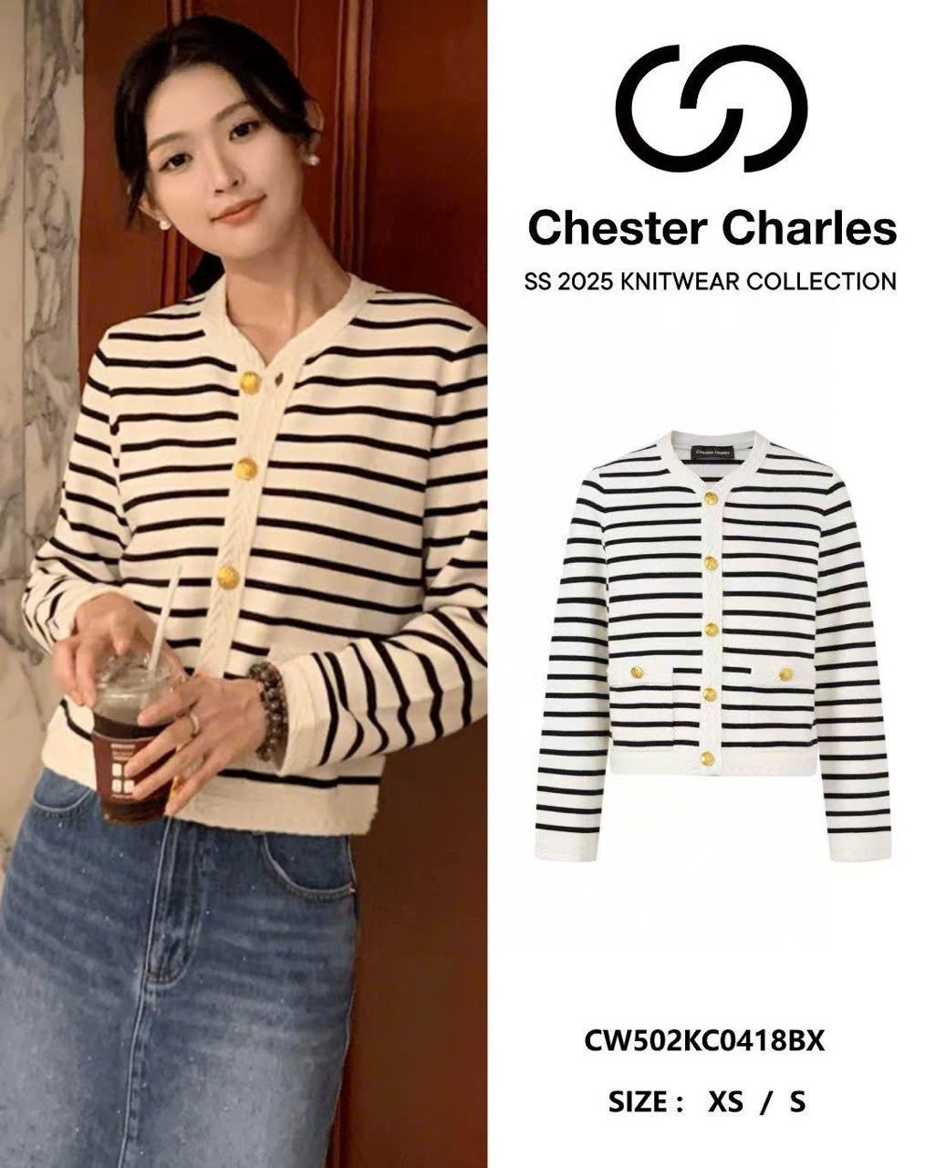 Cardigan trắng kẻ đen - cúc vàng (giống Celine)