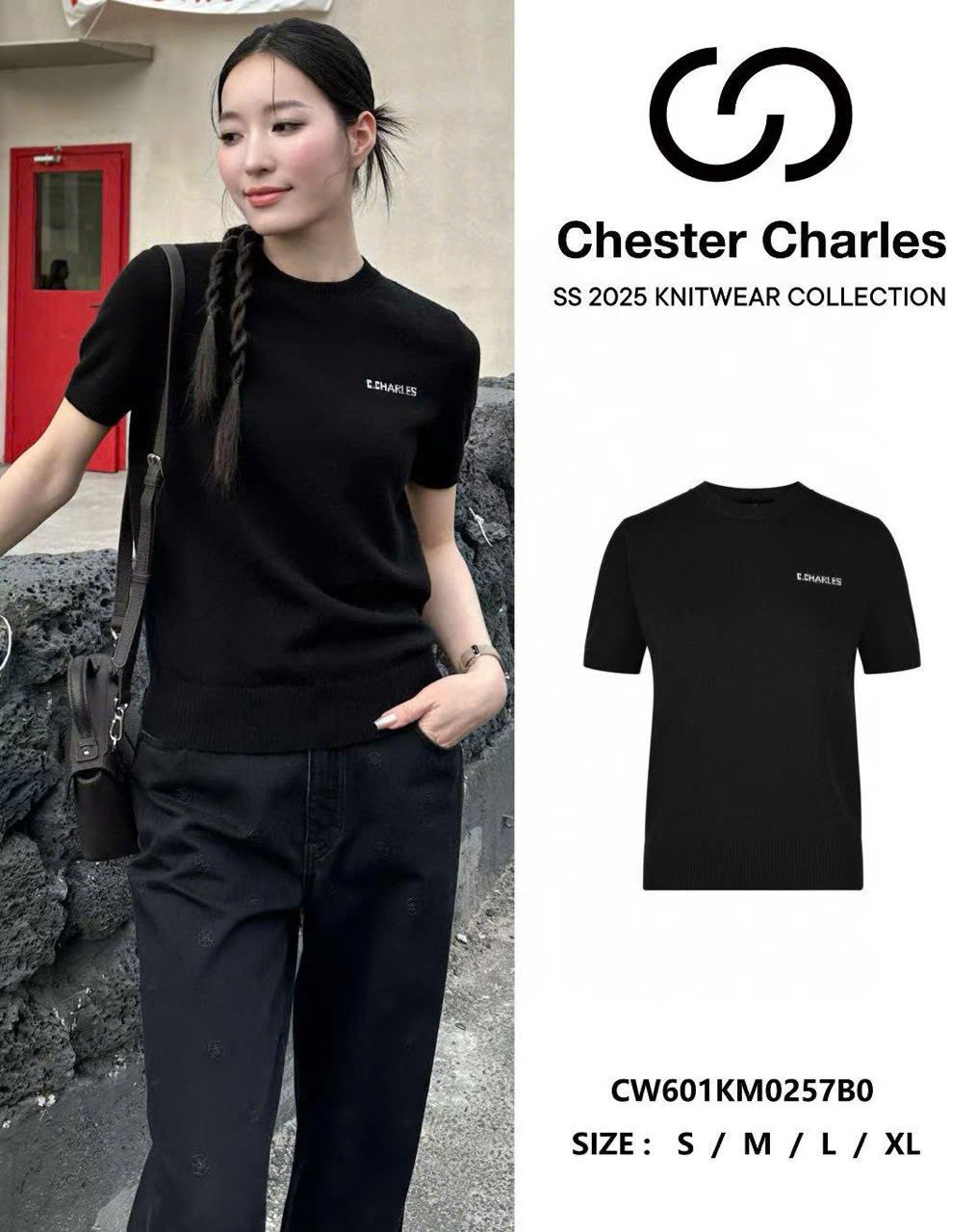 Áo len đen, cổ tròn, ngắn tay cashmere - logo ngực