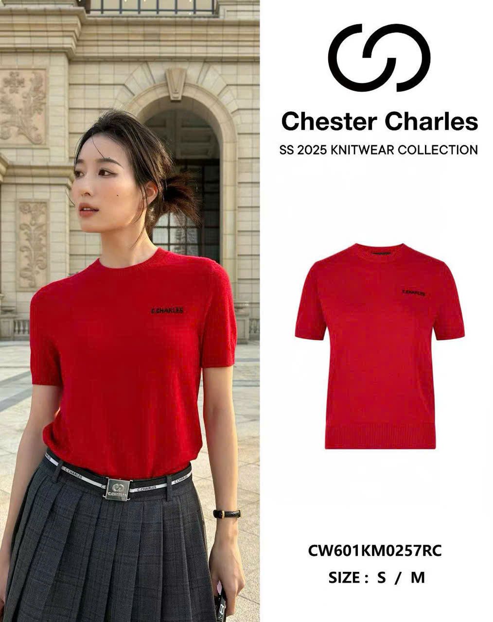 Áo len đỏ, cổ tròn, ngắn tay cashmere - logo ngực