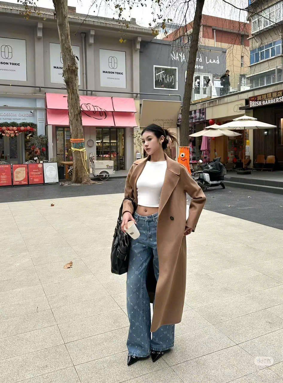 Áo dạ mangto dáng dài nâu be