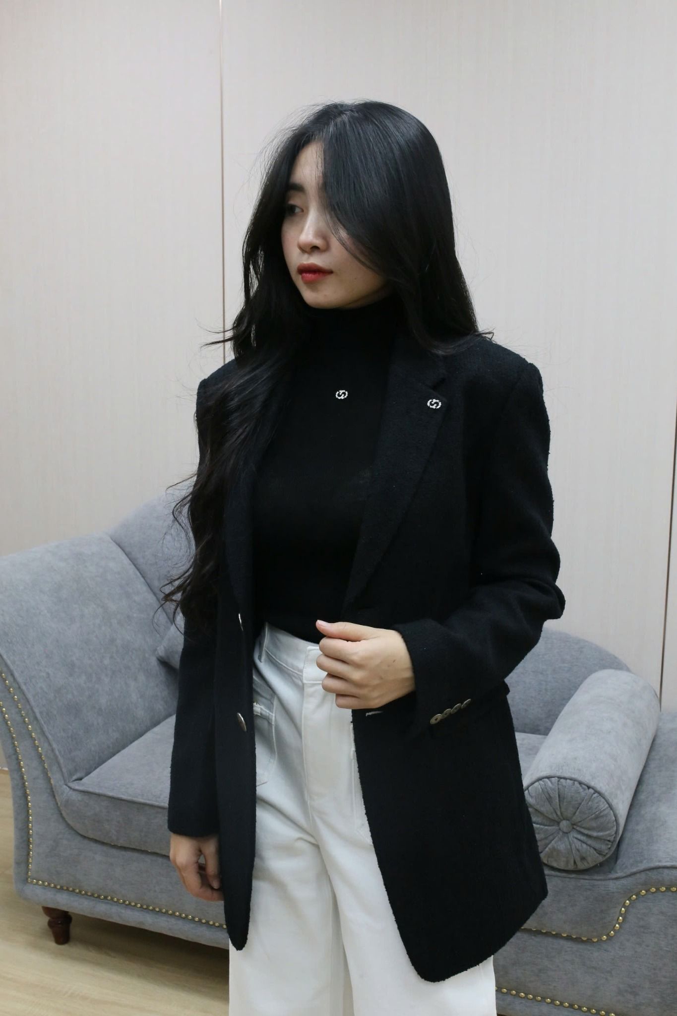 Vest dạ đen, 2 cúc cài