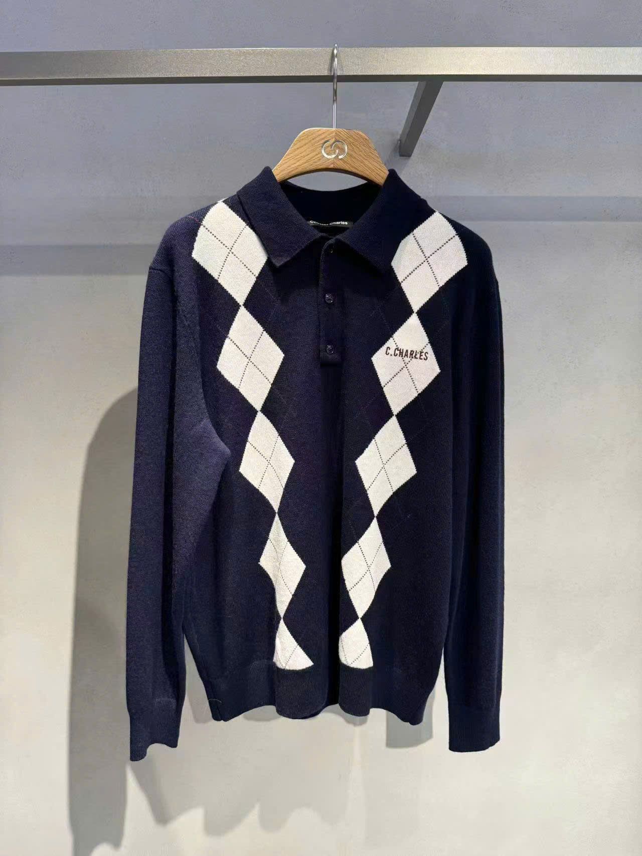 Áo len polo navy họa tiết trám trắng