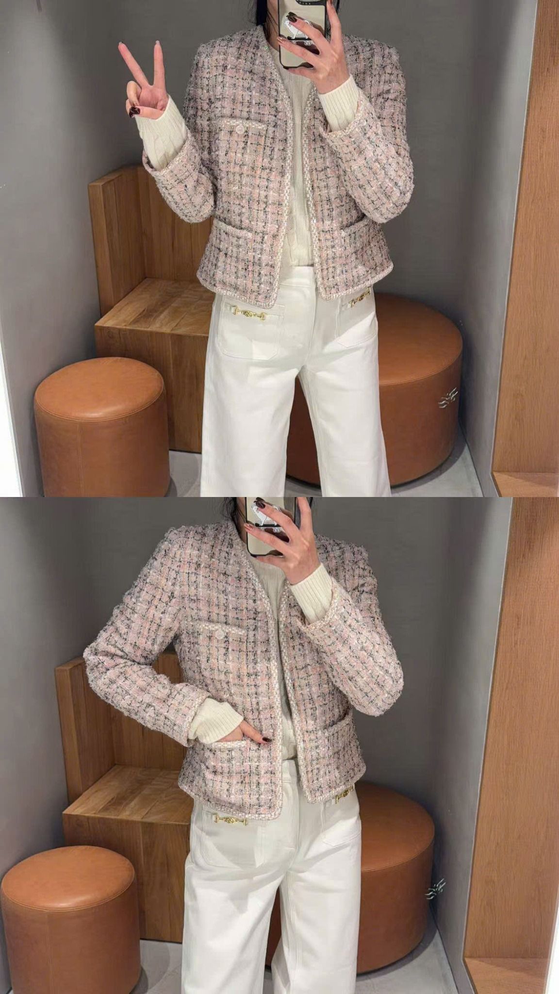 Áo dạ tweed hồng phấn, cổ V