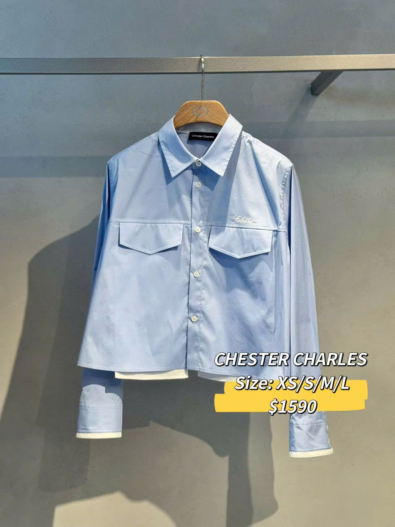 Áo sơmi croptop xanh da trời phối tà trắng