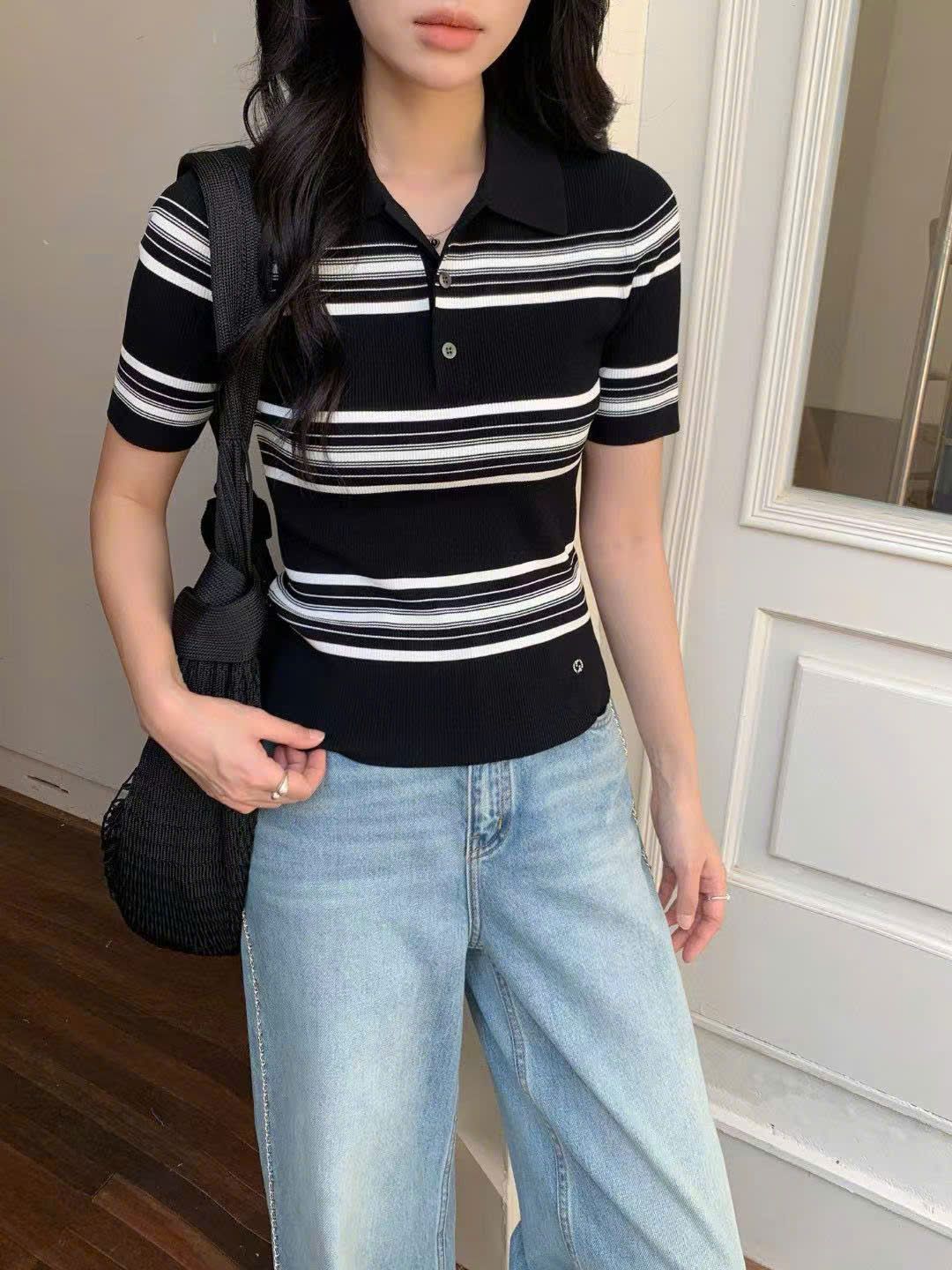 Áo Polo đen kẻ Trắng ngắn tay