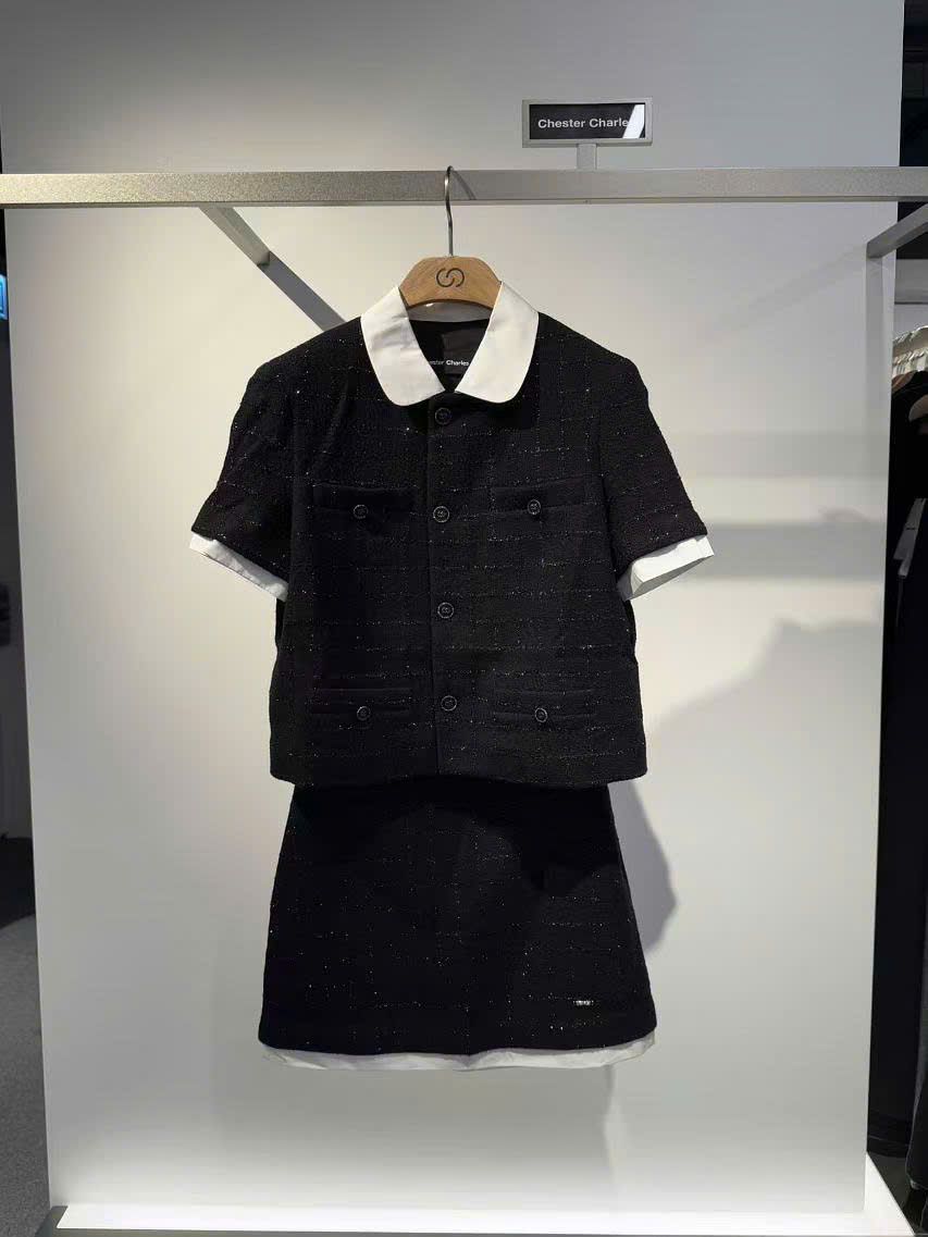 Áo tweed ngắn tay croptop cổ bèo trắng SET