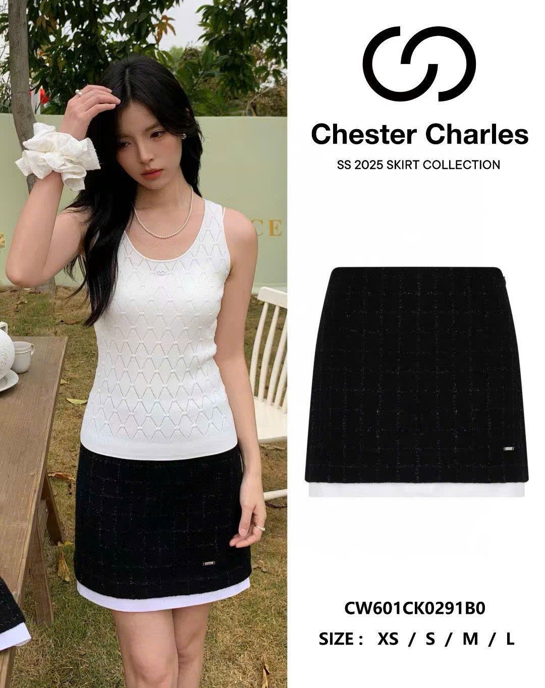 Chân váy dạ Tweed đen phối tà trắng (SET)