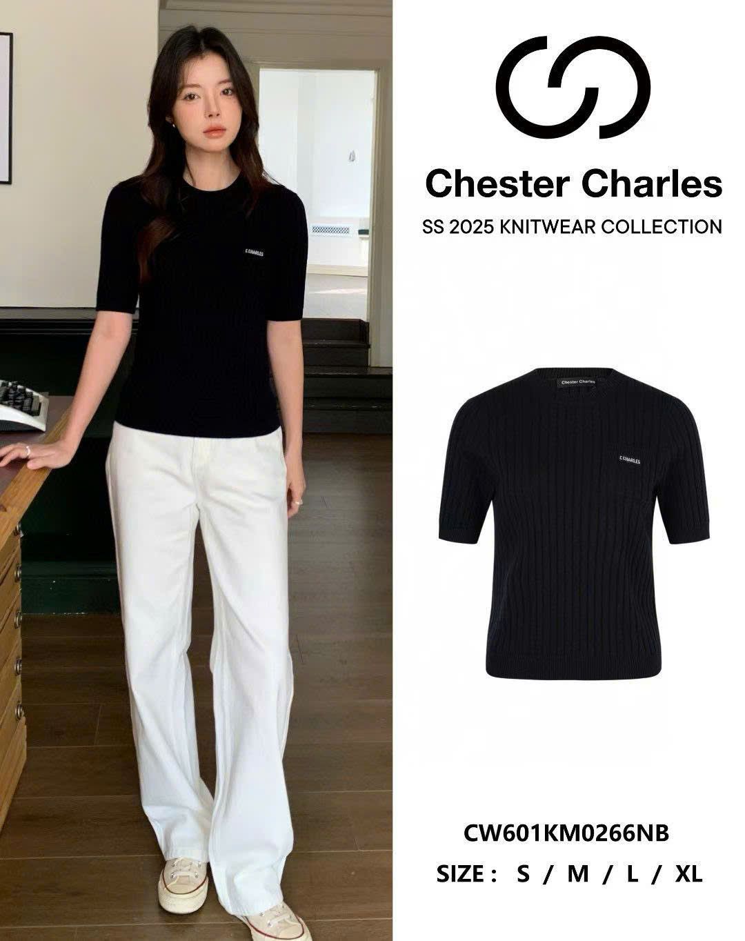 Áo len ngắn tay Navy túi ngực chữ C.Charles