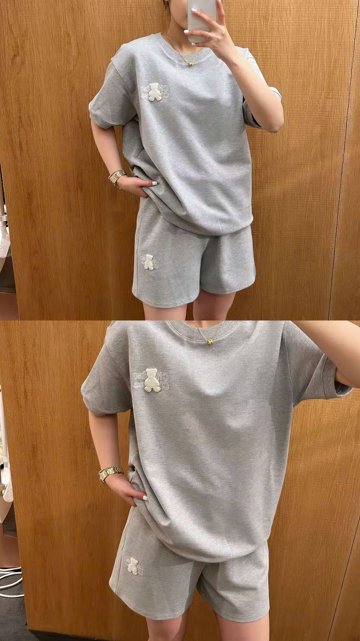 Áo thun xám dệt kim tuyến - gấu ngọc (SET)