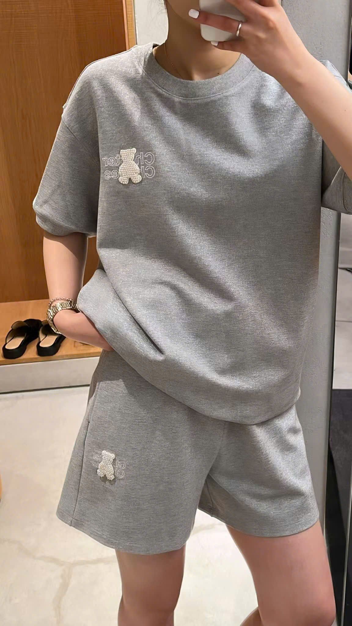 Áo thun xám dệt kim tuyến - gấu ngọc (SET)