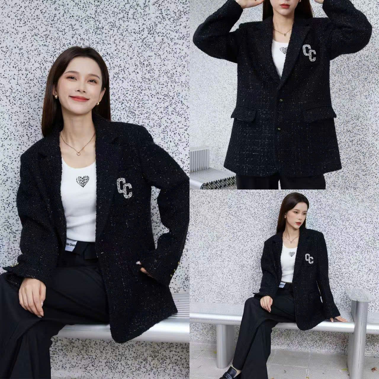 Áo dạ Tweed đen Logo CC đính đá ngực trái