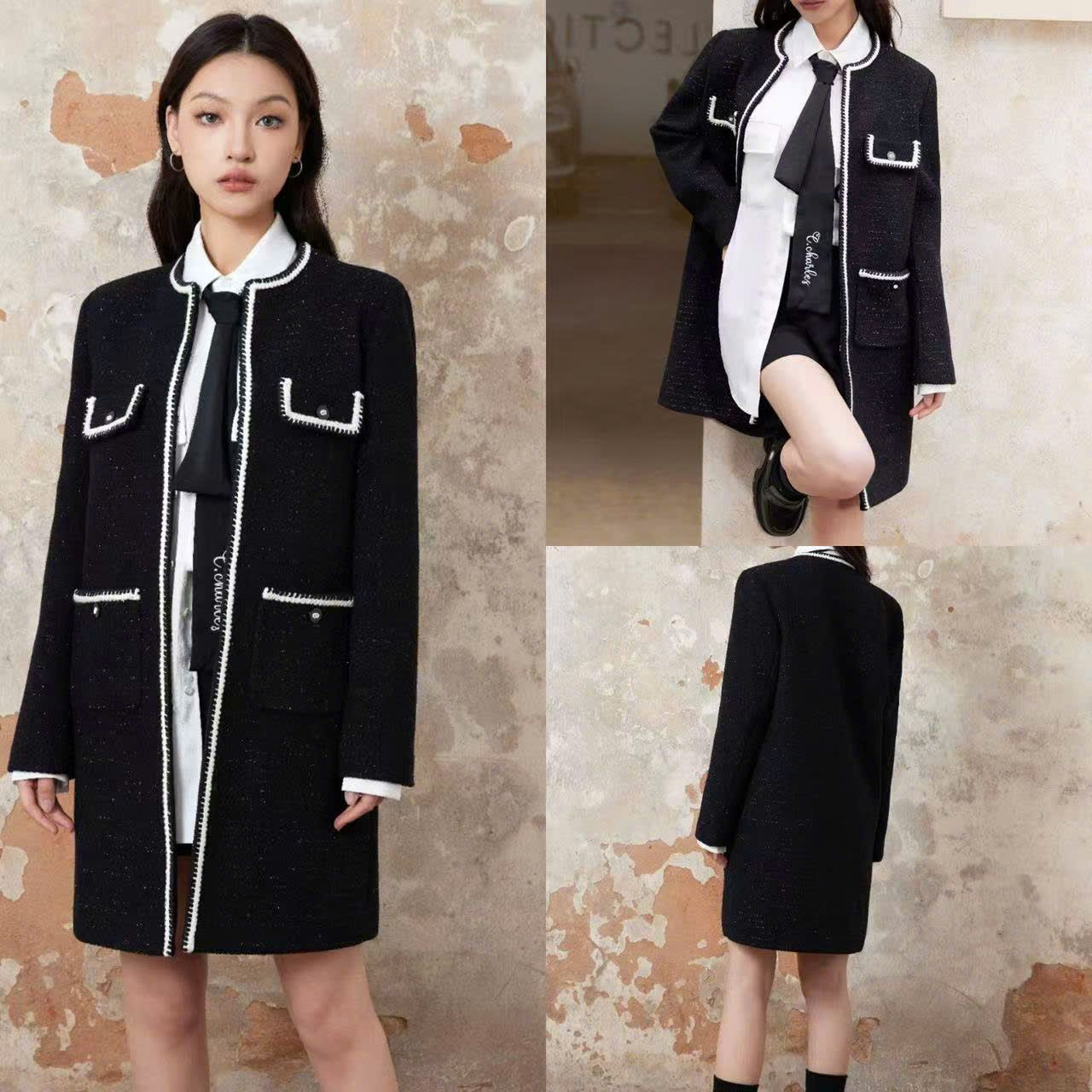 Áo dạ tweed dáng dài túi viền trắng