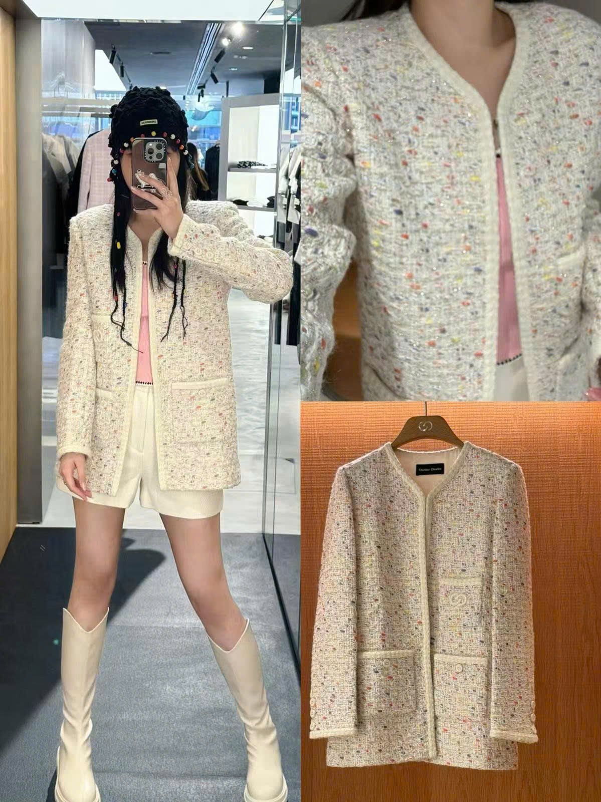 Áo dạ tweed chấm sắc màu