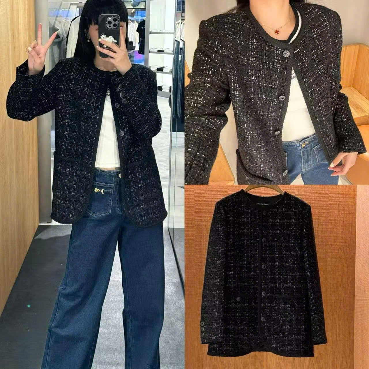 Áo tweed đen dáng dài vạt chéo