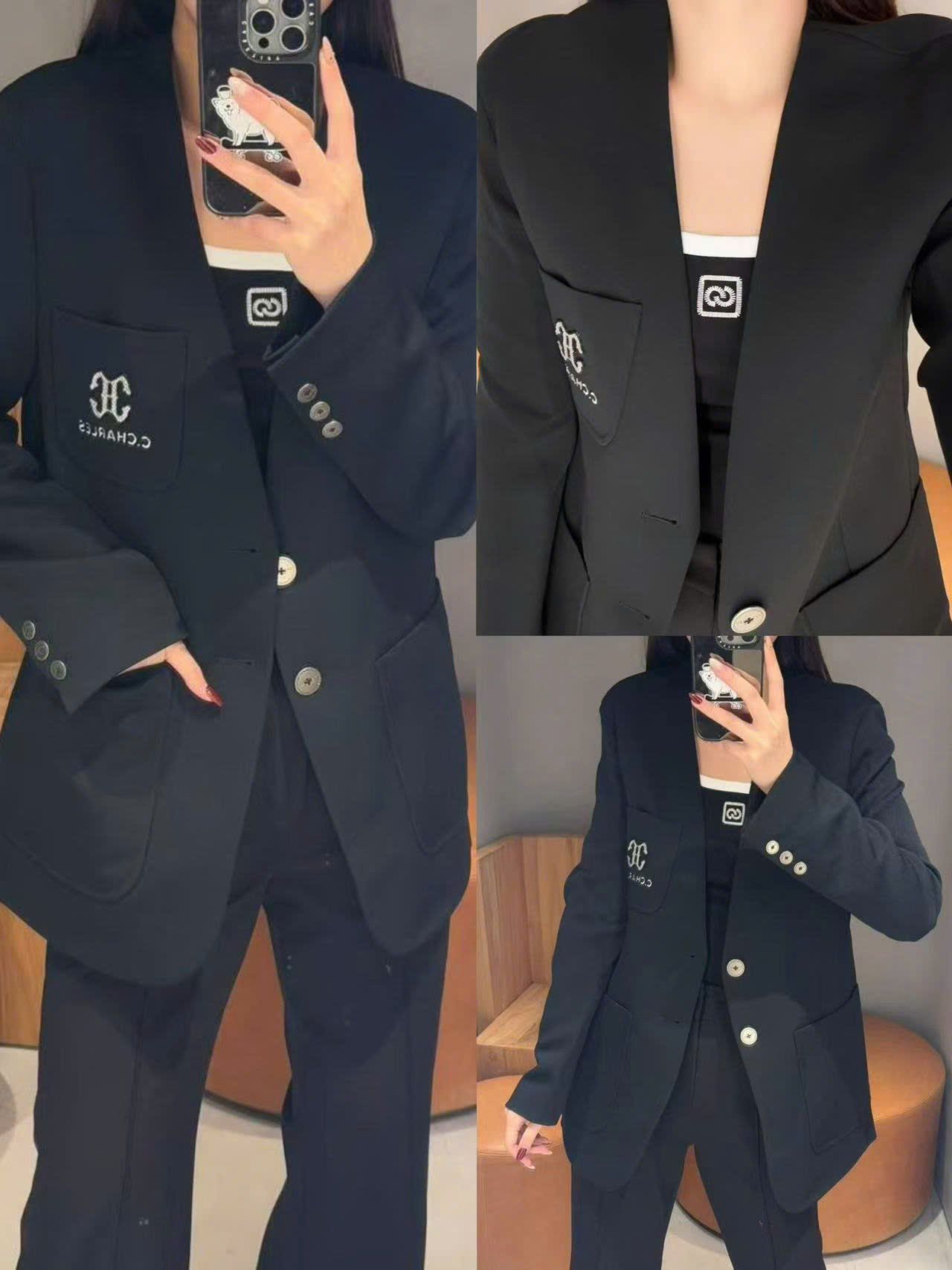 Vest đen 2 cúc chữ lồng CC túi ngực
