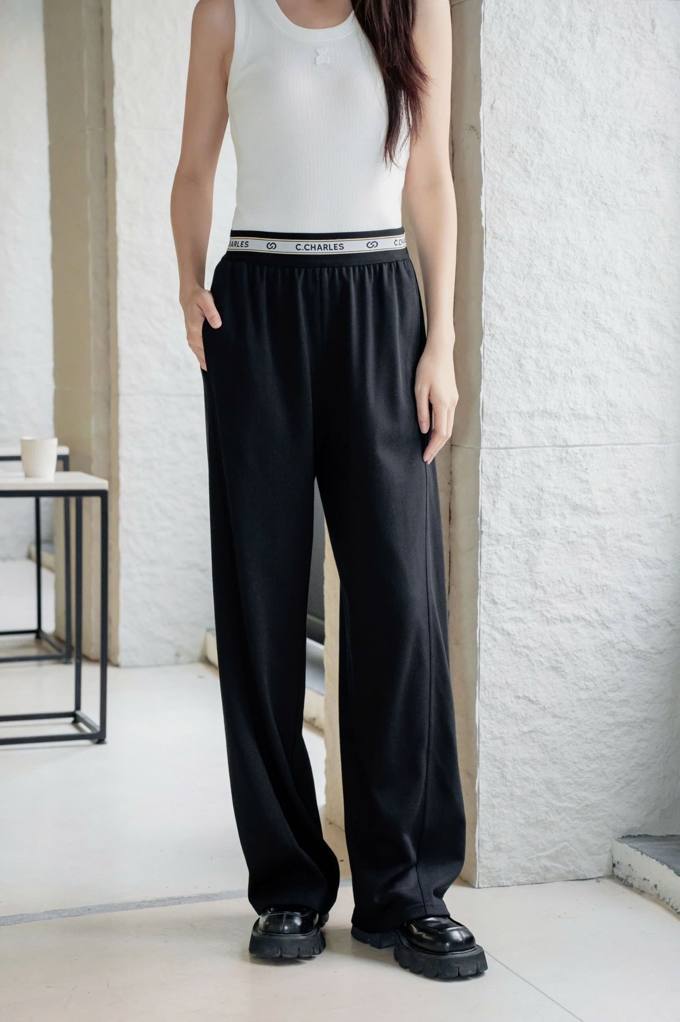 Quần thun cotton đen - cạp chun chữ