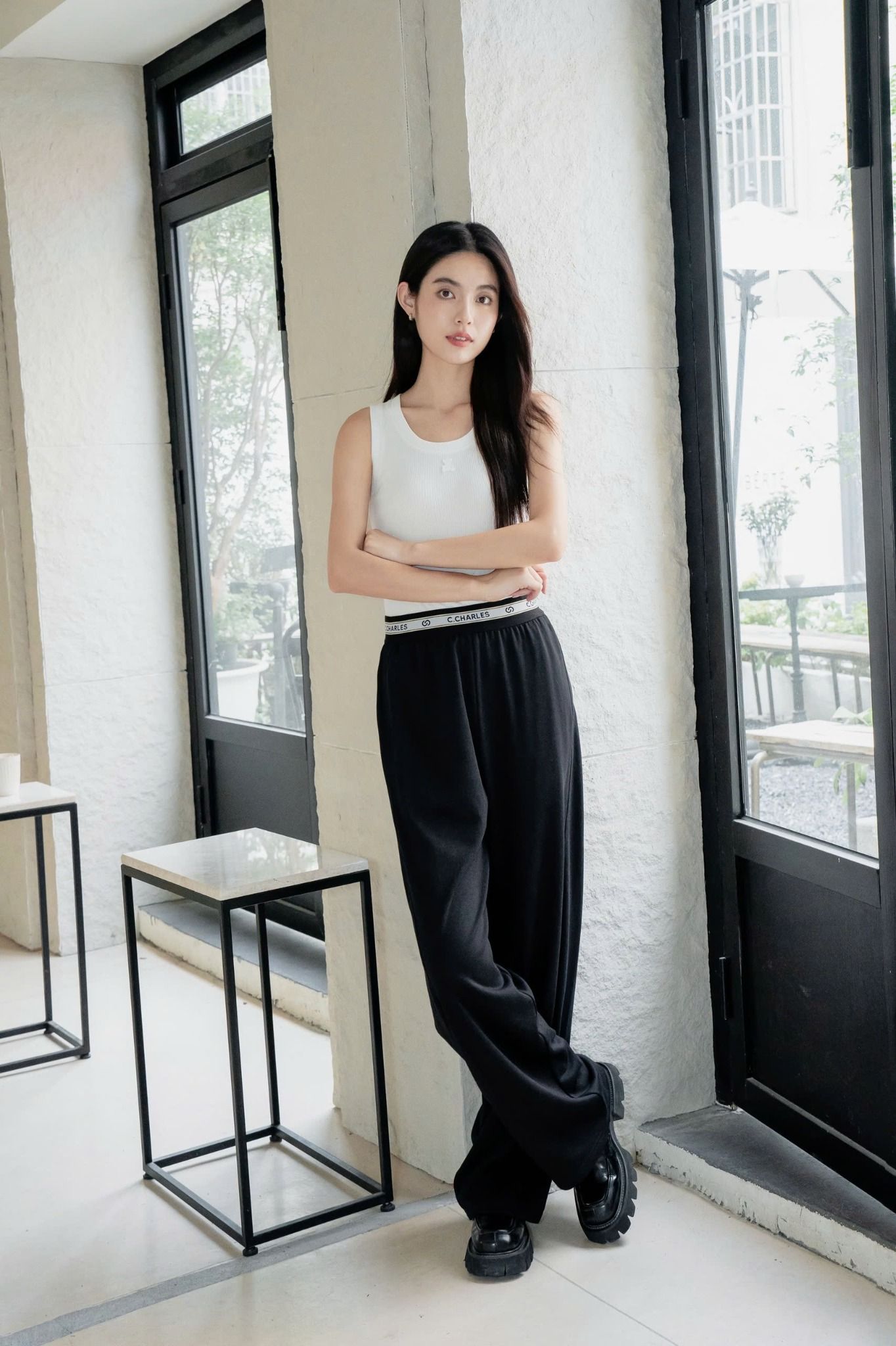Quần thun cotton đen - cạp chun chữ