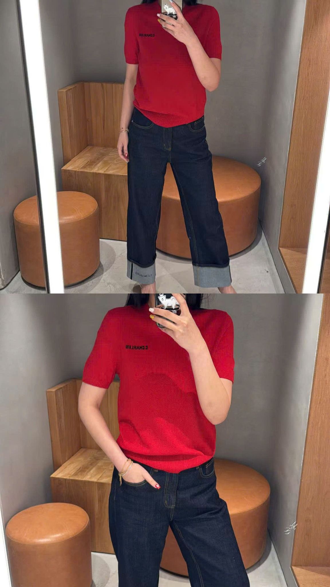 Áo len đỏ, cổ tròn, ngắn tay cashmere - logo ngực