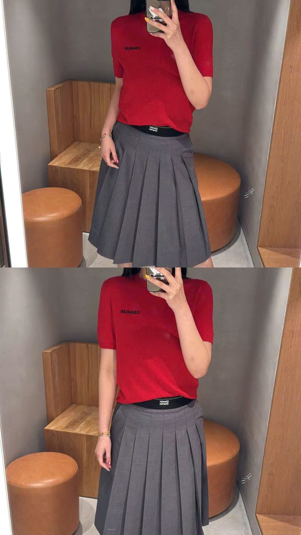Áo len đỏ, cổ tròn, ngắn tay cashmere - logo ngực