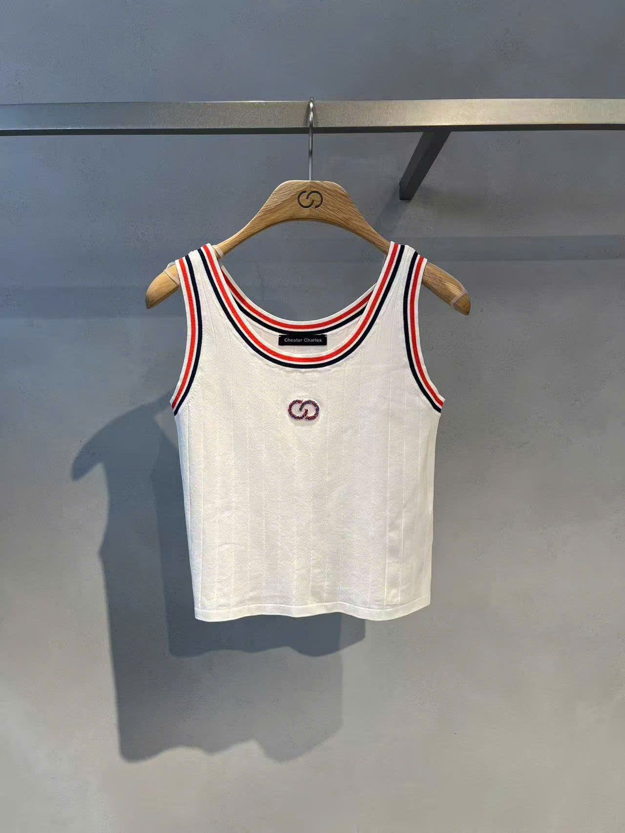 Áo tanktop trắng viền xanh đỏ -logo ngực