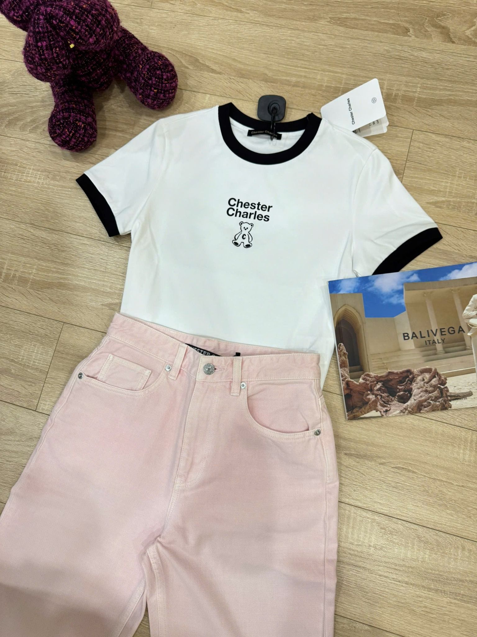 Quần jean suông hồng baby