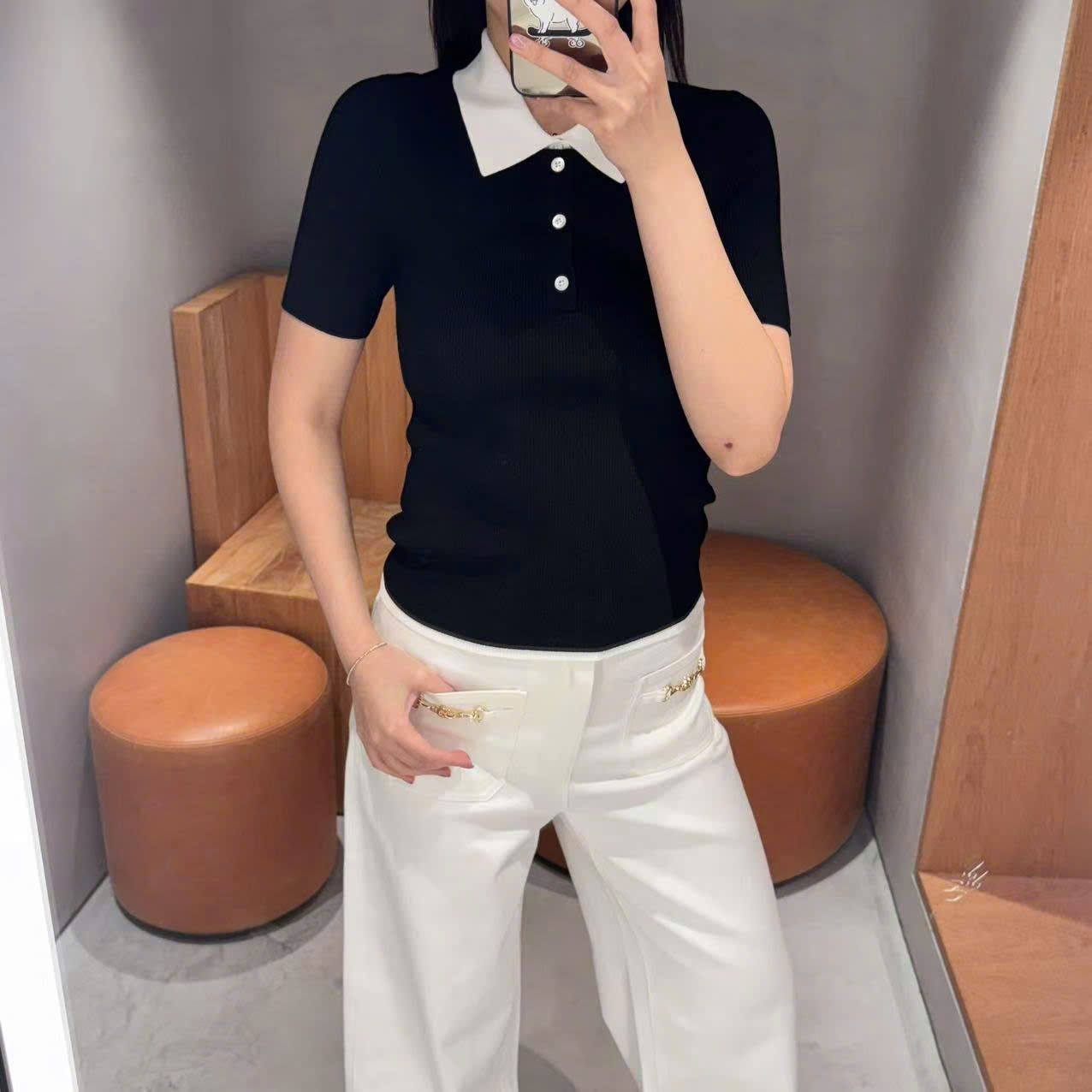 Áo Polo ngắn tay đen- Cổ trắng