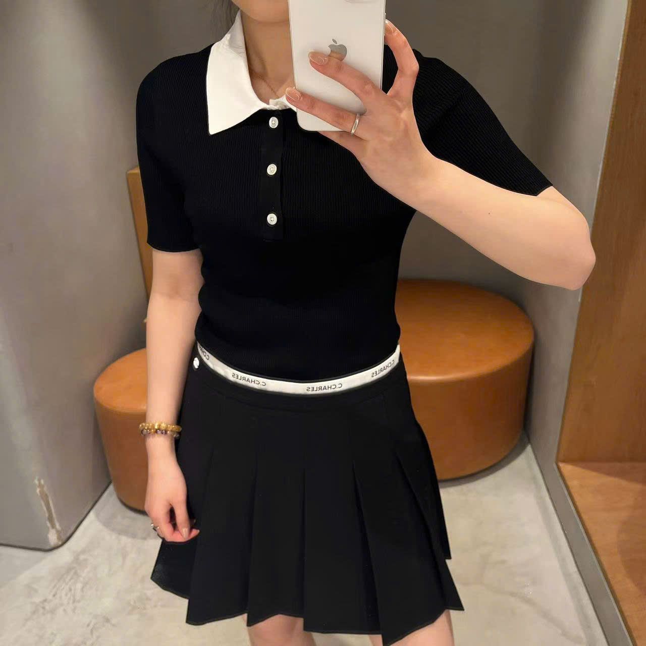 Áo Polo ngắn tay đen- Cổ trắng