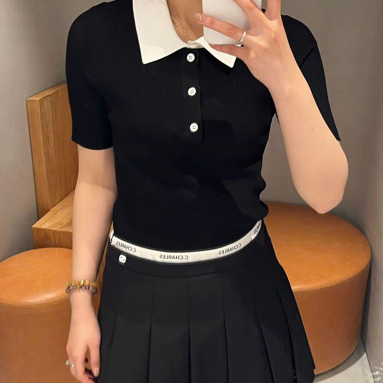 Áo Polo ngắn tay đen- Cổ trắng