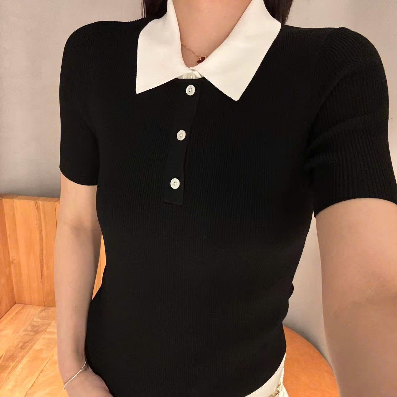 Áo Polo ngắn tay đen- Cổ trắng