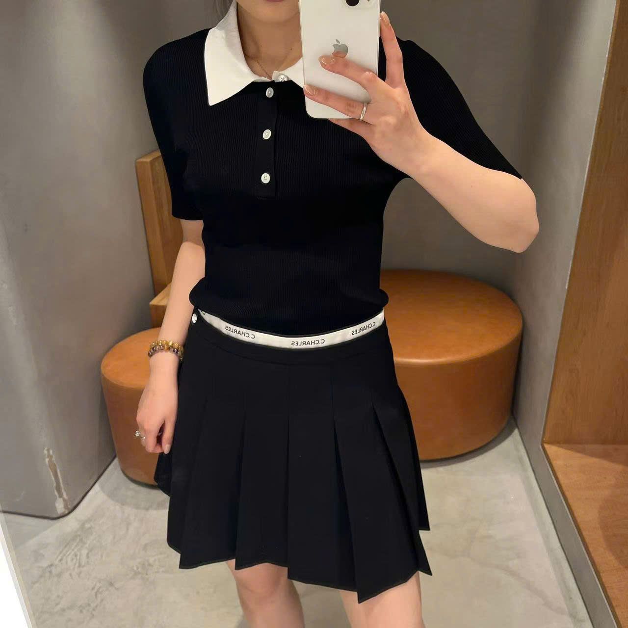 Áo Polo ngắn tay đen- Cổ trắng