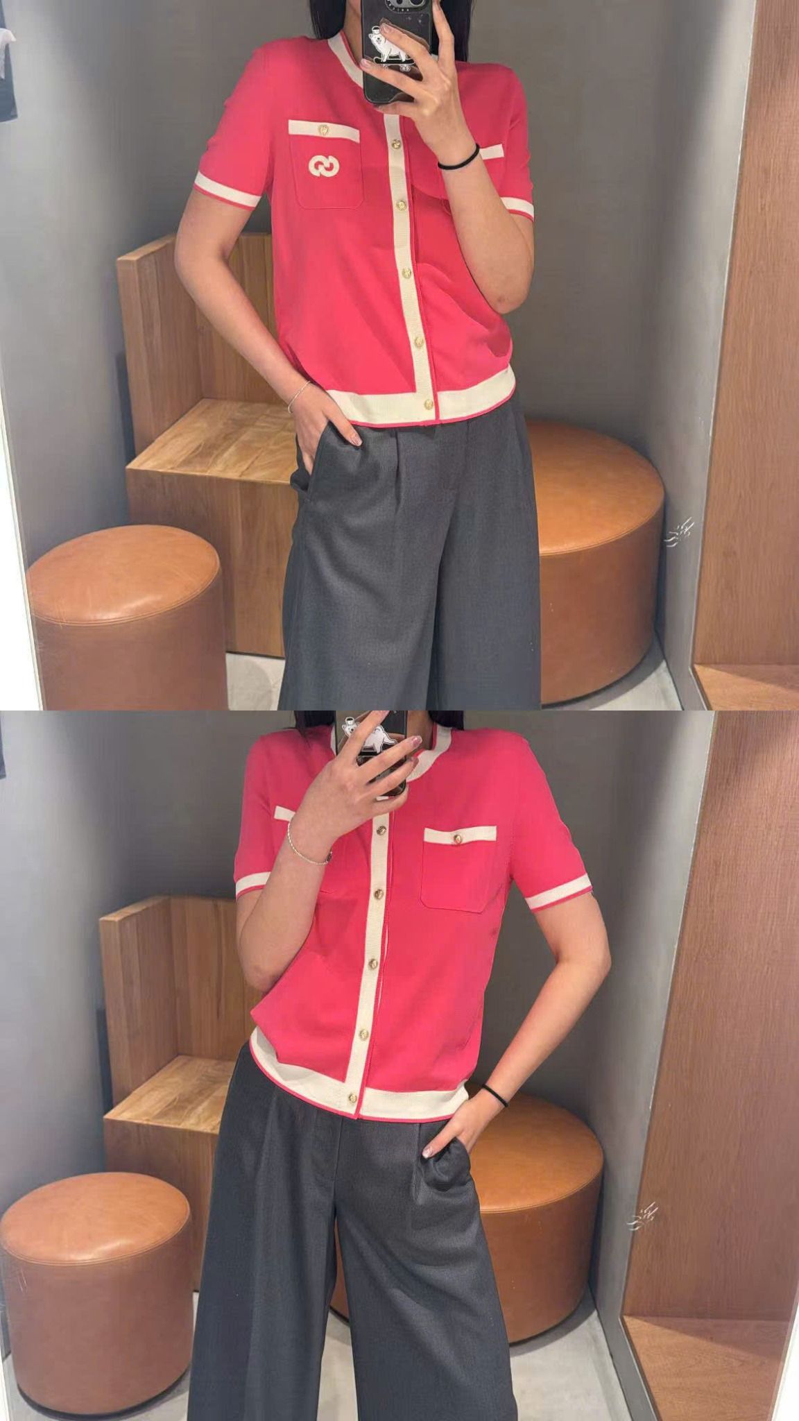 Áo CDG ngắn tay hồng -viền trắng, 2 túi ngực