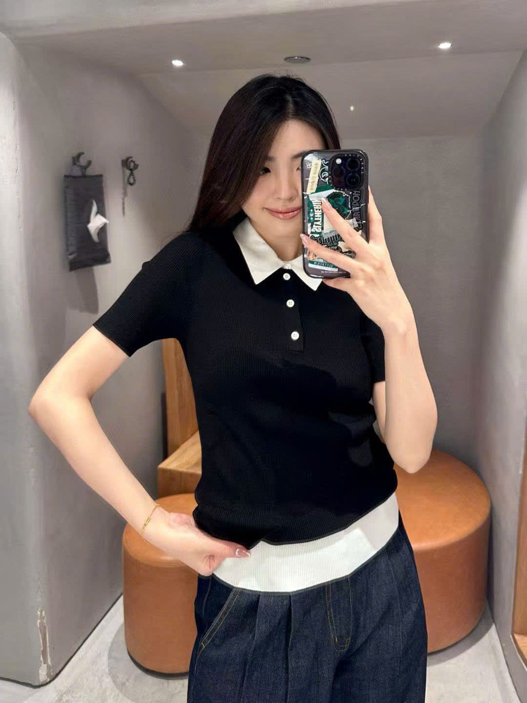 Áo Polo ngắn tay đen- Cổ trắng
