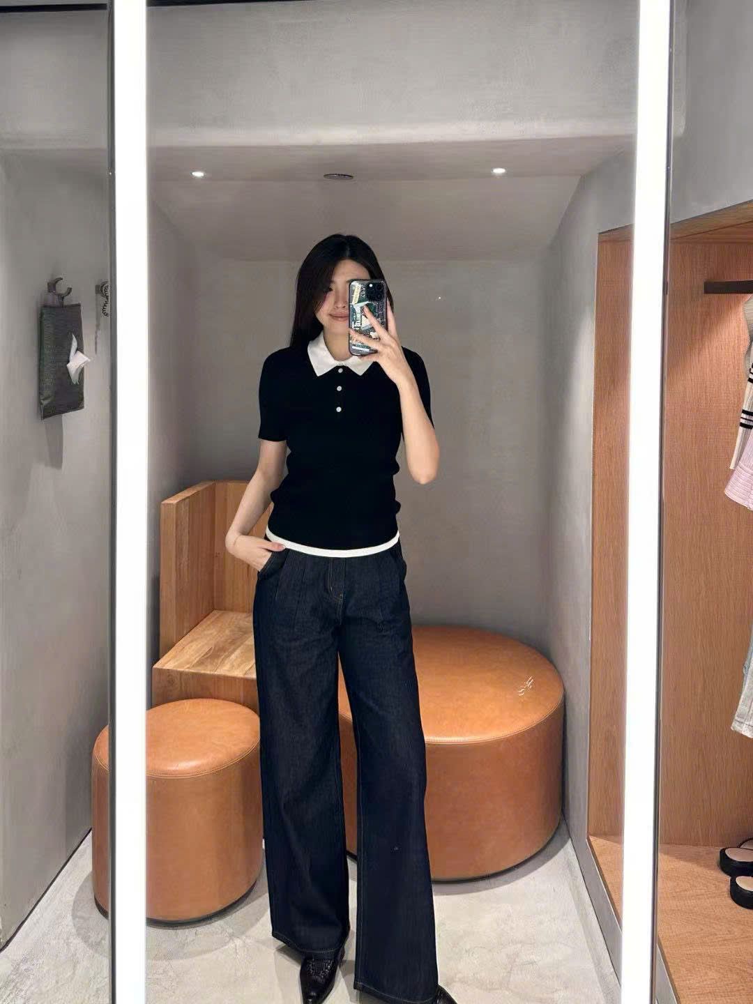 Áo Polo ngắn tay đen- Cổ trắng
