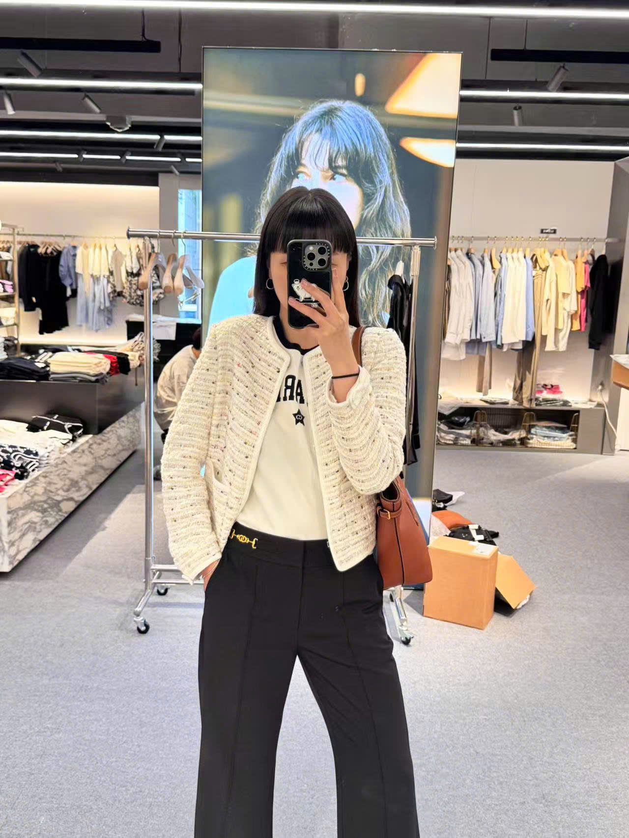 Áo dạ tweed chấm sắc màu dáng ngắn -tay nơ