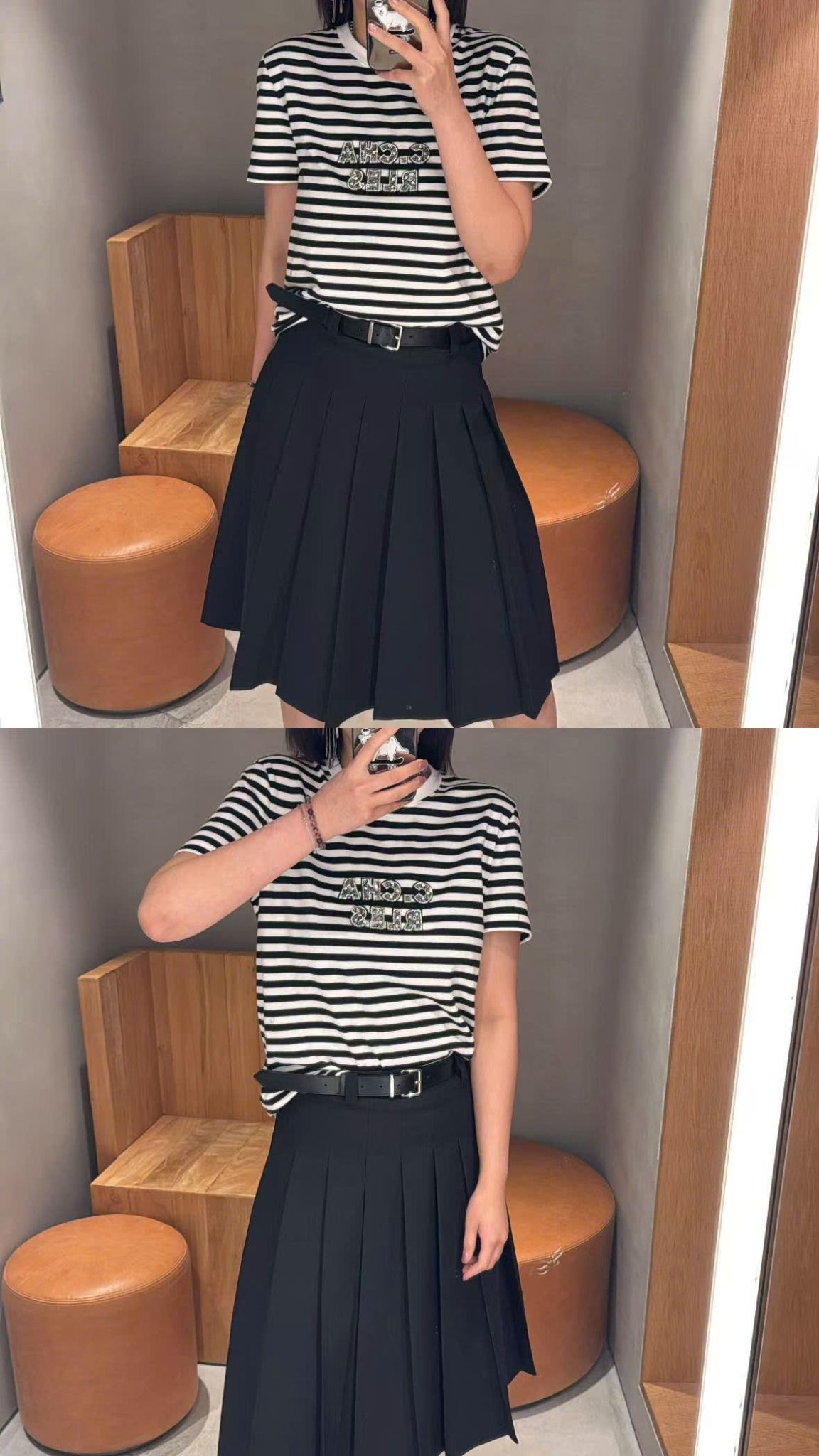 Chân váy xếp ly đen kèm belt da