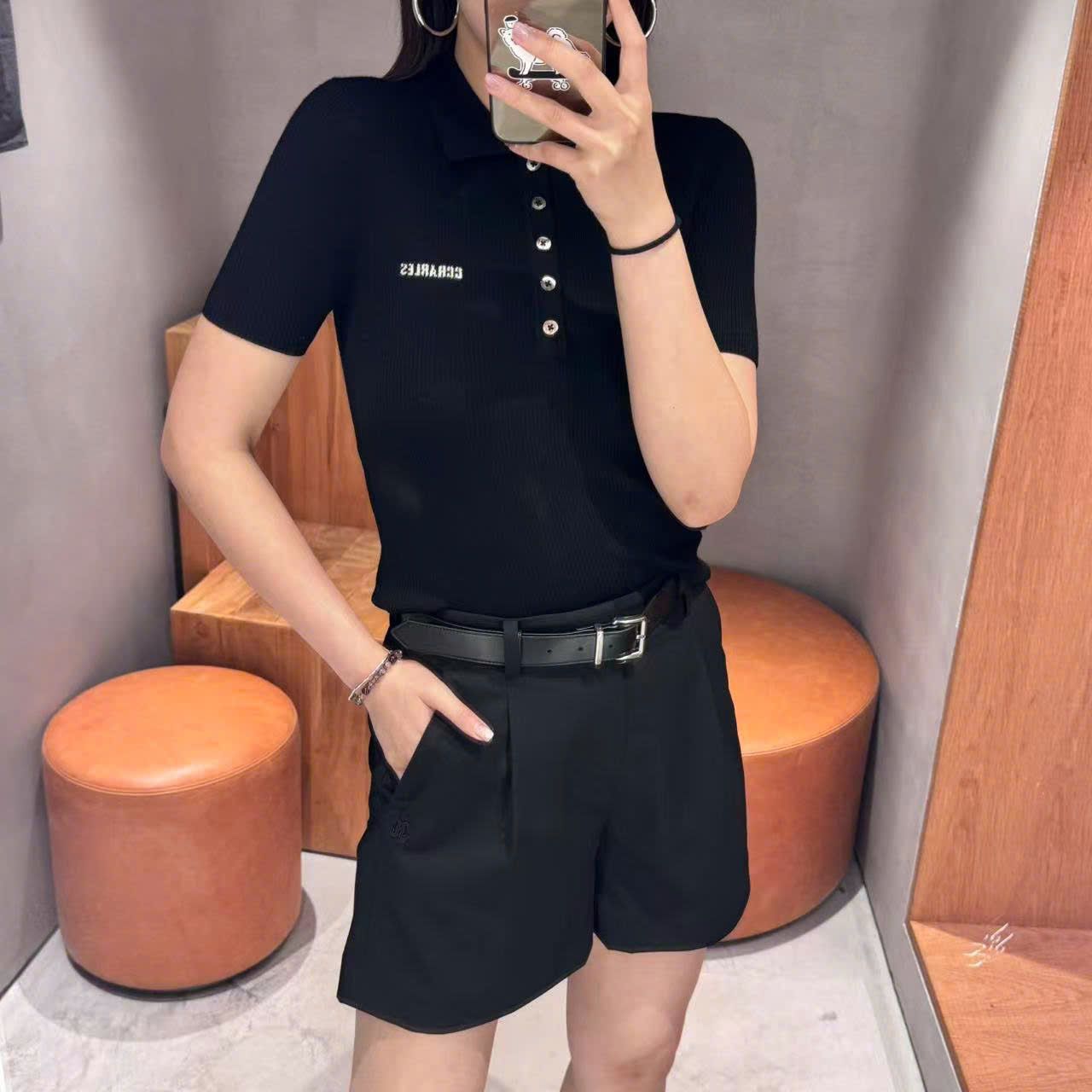 Quần sooc vải đen -belt da