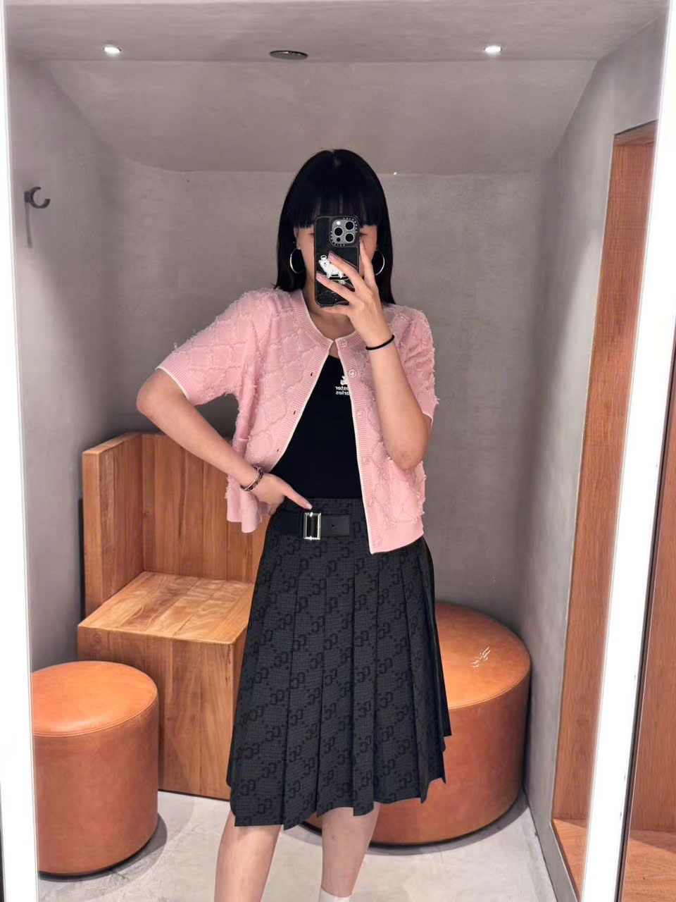 Chân váy dài kèm belt kẻ thoi CC