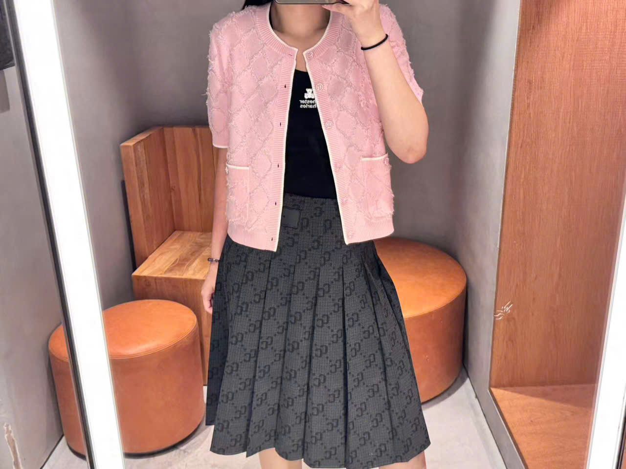 Chân váy dài kèm belt kẻ thoi CC