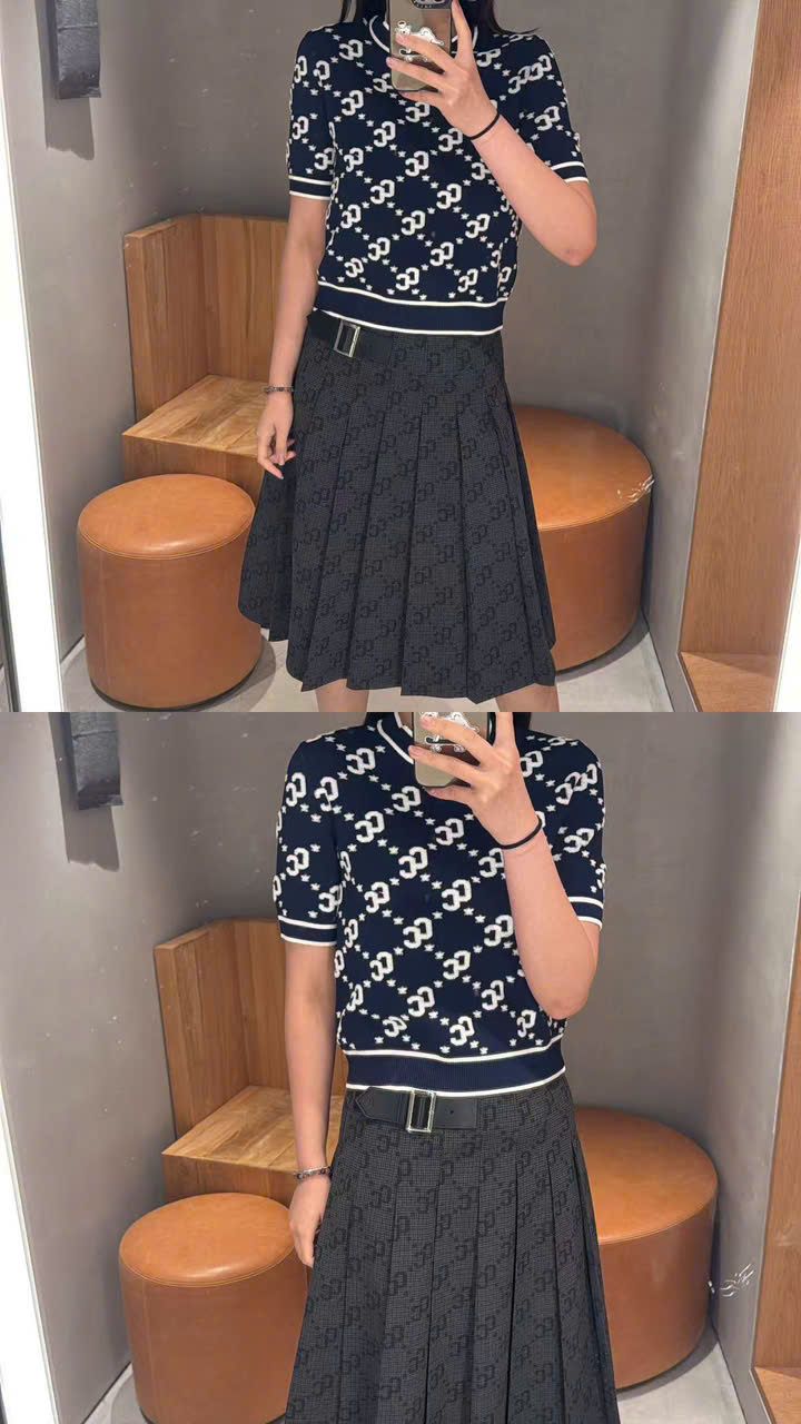 Chân váy dài kèm belt kẻ thoi CC