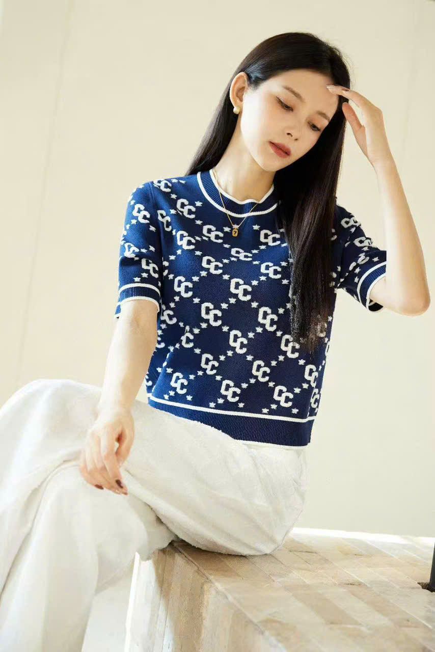 Áo len ngắn tay full logo - xanh navy
