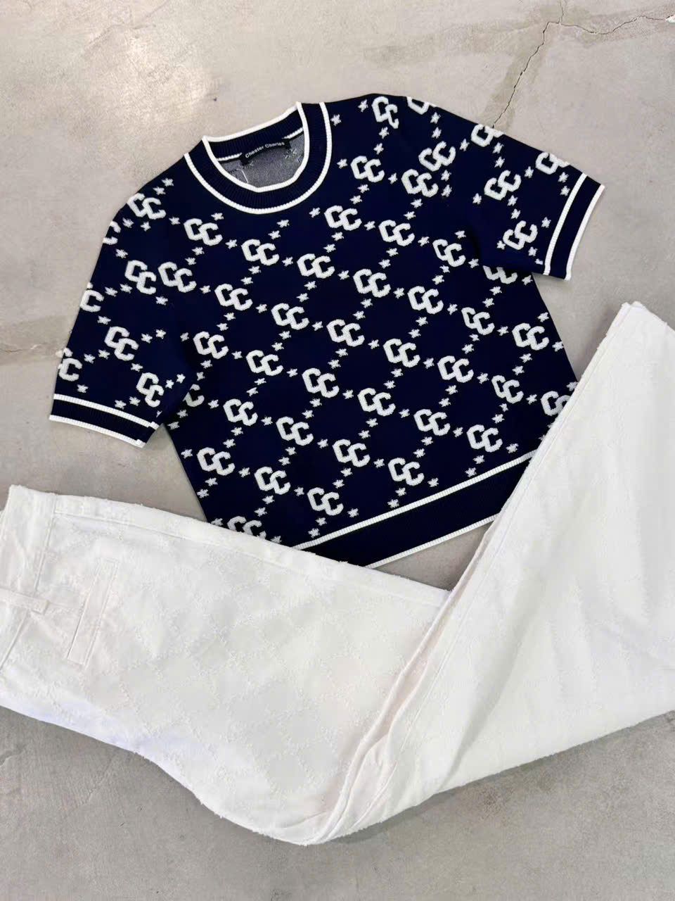 Áo len ngắn tay full logo - xanh navy