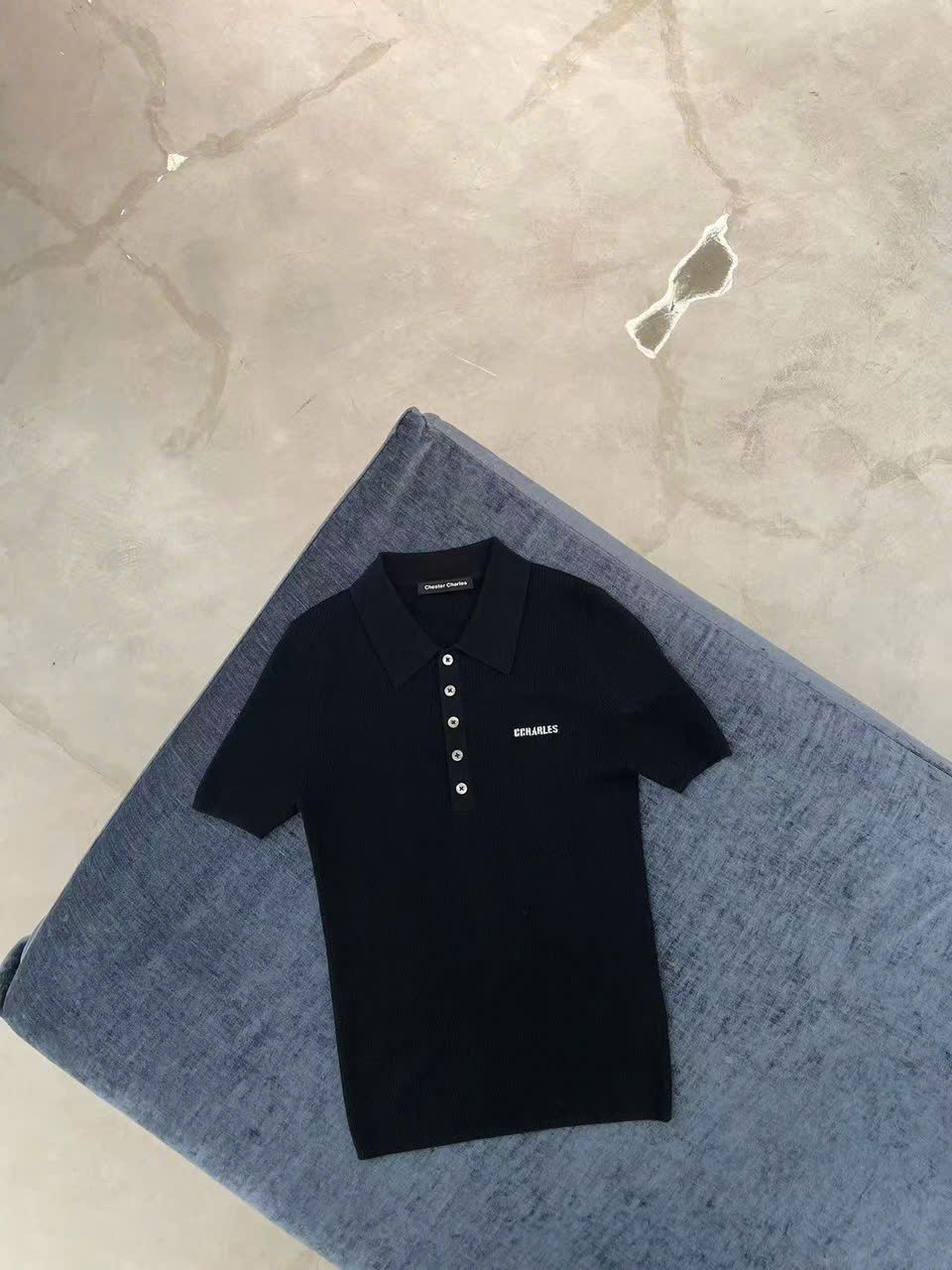 Áo polo ngắn tay đen - len tăm