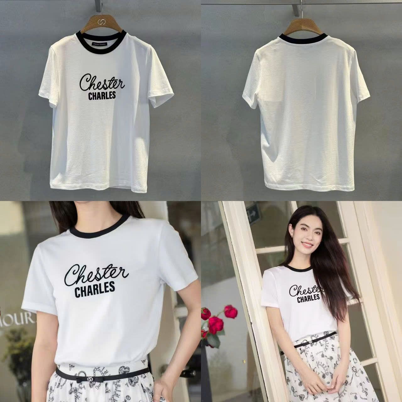 Áo phông trắng - cổ đen, chữ logo cách điệu