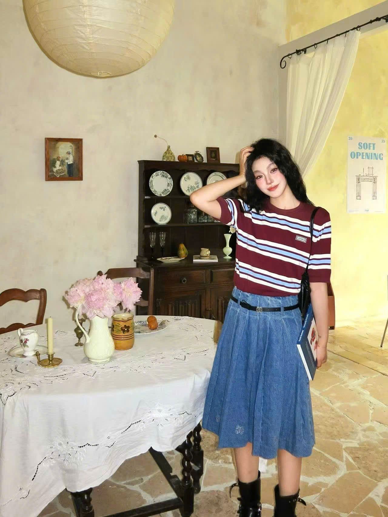 Chân váy dài jean, logo gấu kèm Belt da