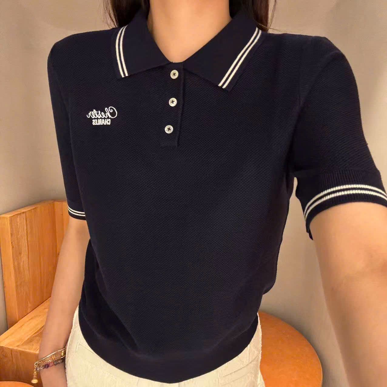 Áo polo xanh navy- 3 cúc viền trắng