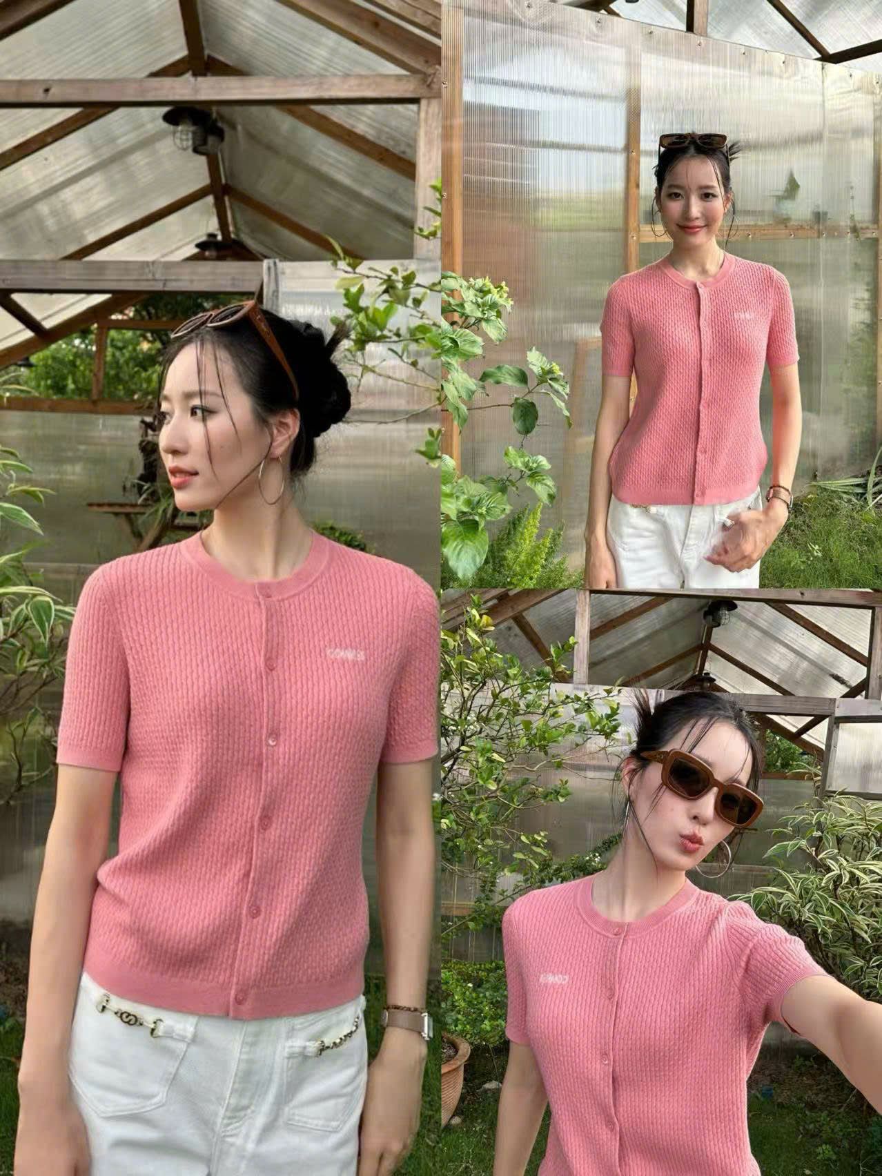 Áo CDG ngắn tay Hồng cài cúc