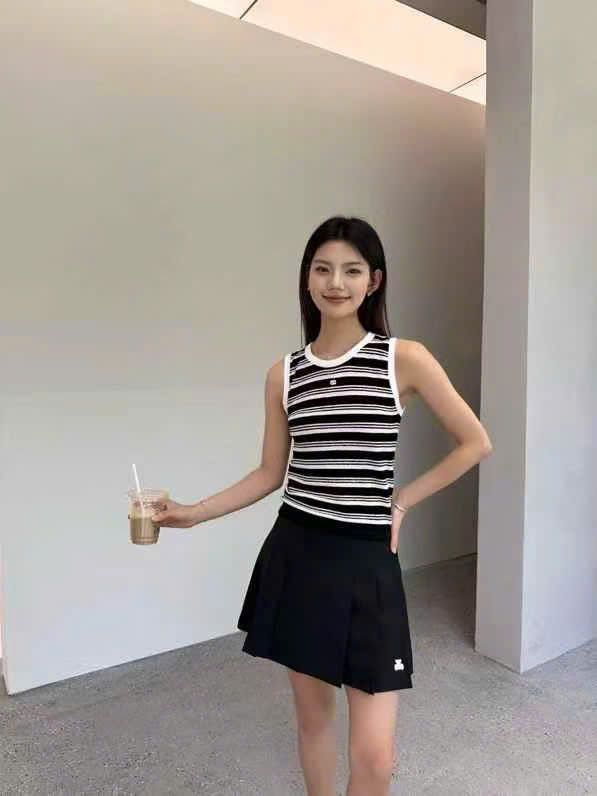 Áo tanktop trắng đen kẻ ngang,logo hồng