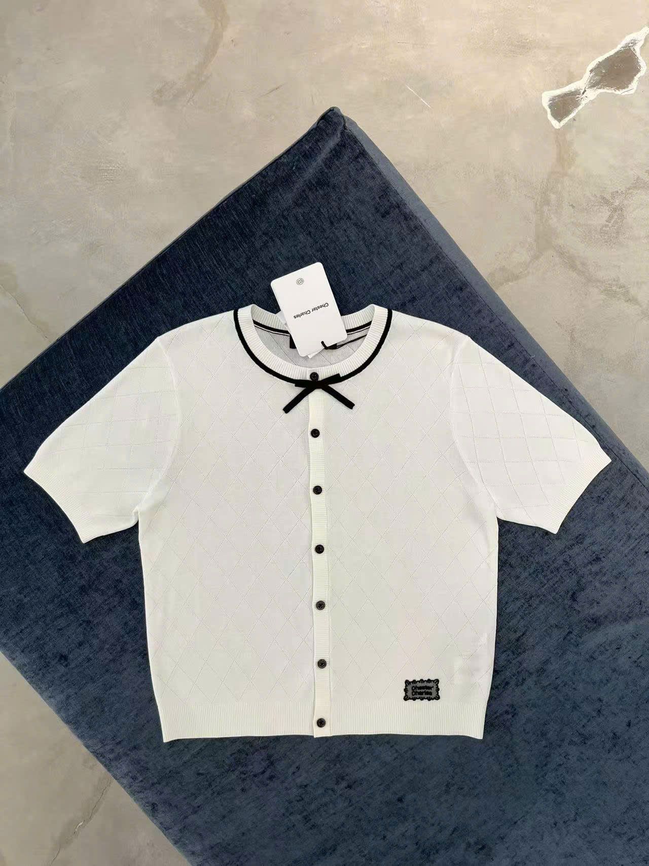 Áo CDG trắng ngắn tay - viền nơ đen