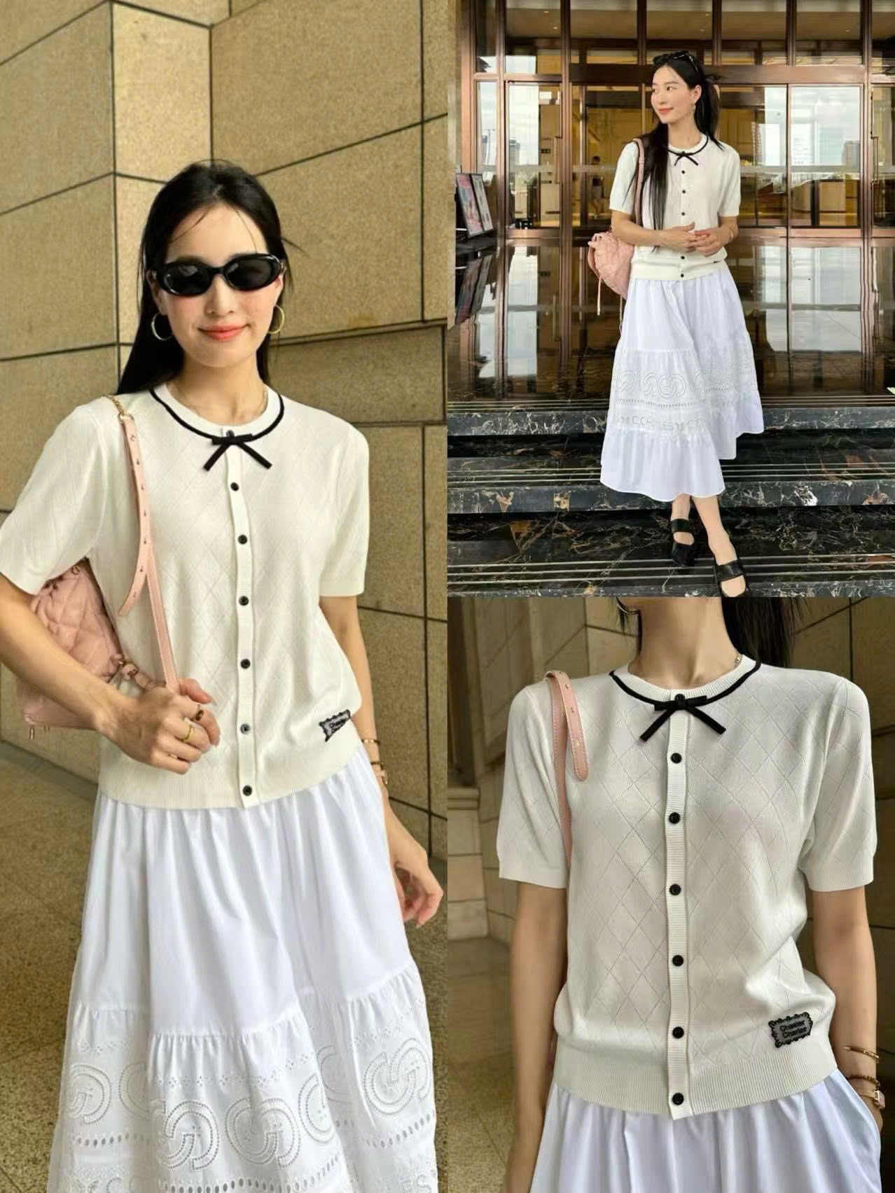 Áo CDG trắng ngắn tay - viền nơ đen